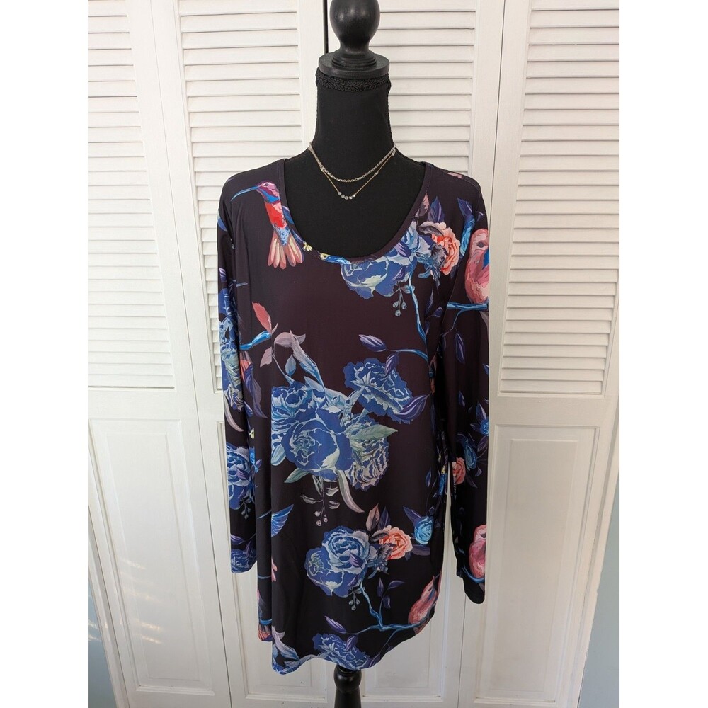 Lily By Firmiana Tunic Womens 1X Multi Floral Humming Bird Blouse Top Stretch